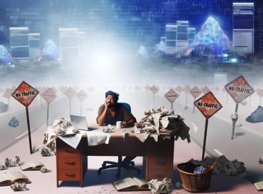 Verzweifelter Blogger an chaotischem Schreibtisch in surrealer, digitaler Wüstenlandschaft mit Symbolen für Misserfolg und entfernte, florierende Blogs im Hintergrund.