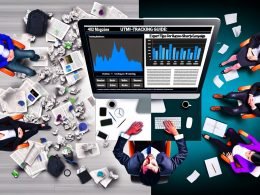 Vergleich: Unstrukturierter, chaotischer Schreibtisch mit Datenmüll neben erfolgreichem Online-Marketer vor sauberem UTM-Analyse-Monitor.