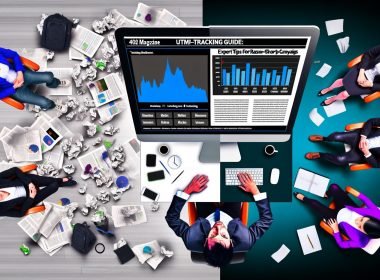 Vergleich: Unstrukturierter, chaotischer Schreibtisch mit Datenmüll neben erfolgreichem Online-Marketer vor sauberem UTM-Analyse-Monitor.