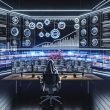 Laptop mit geöffneten kostenlosen SEO-Tools wie Google Search Console, Screaming Frog, Ahrefs und Ubersuggest, umgeben von Icons und Datenströmen auf einem modernen Schreibtisch.