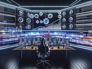 Laptop mit geöffneten kostenlosen SEO-Tools wie Google Search Console, Screaming Frog, Ahrefs und Ubersuggest, umgeben von Icons und Datenströmen auf einem modernen Schreibtisch.