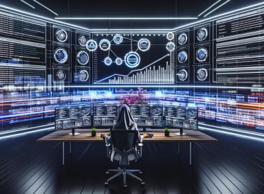 Laptop mit geöffneten kostenlosen SEO-Tools wie Google Search Console, Screaming Frog, Ahrefs und Ubersuggest, umgeben von Icons und Datenströmen auf einem modernen Schreibtisch.