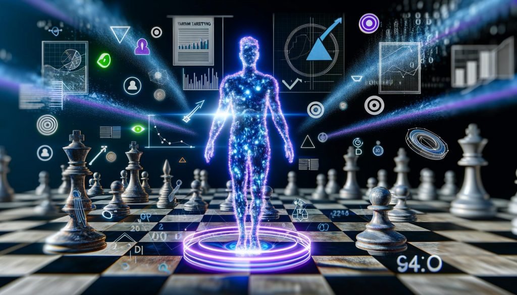 Virtueller Mensch aus leuchtenden Datenpunkten auf digitalem Schachbrett, umgeben von Datenströmen, Graphen, Targeting-Symbolen und modernen Marketing-Interfaces.