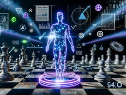 Virtueller Mensch aus leuchtenden Datenpunkten auf digitalem Schachbrett, umgeben von Datenströmen, Graphen, Targeting-Symbolen und modernen Marketing-Interfaces.