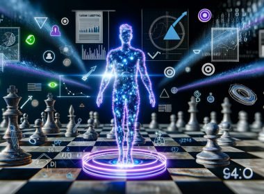 Virtueller Mensch aus leuchtenden Datenpunkten auf digitalem Schachbrett, umgeben von Datenströmen, Graphen, Targeting-Symbolen und modernen Marketing-Interfaces.