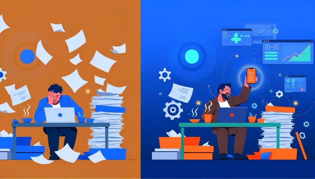 Minimalistische Illustration mit gestresstem Marketer an überfülltem Schreibtisch und entspannter Szene mit automatisierten digitalen Tools im modernen Arbeitsplatz.