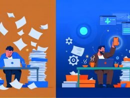 Minimalistische Illustration mit gestresstem Marketer an überfülltem Schreibtisch und entspannter Szene mit automatisierten digitalen Tools im modernen Arbeitsplatz.