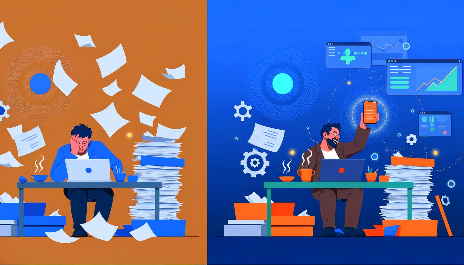 Minimalistische Illustration mit gestresstem Marketer an überfülltem Schreibtisch und entspannter Szene mit automatisierten digitalen Tools im modernen Arbeitsplatz.