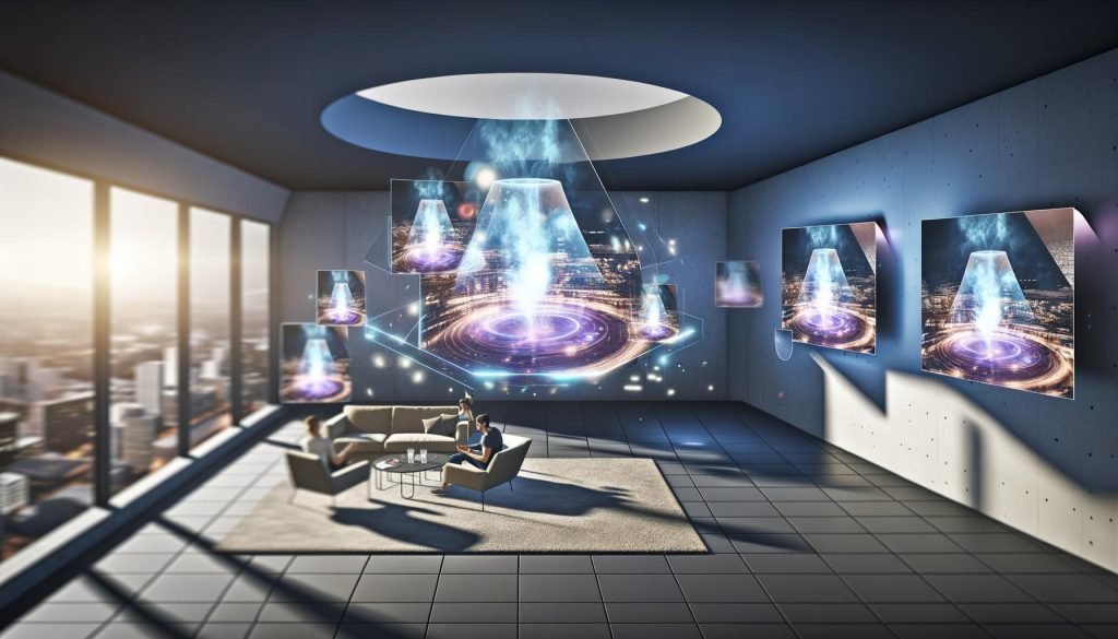 Futuristischer XR-Raum mit digitalen 3D-Werbungen als transparente Layer, verschmelzend mit realer und virtueller Umgebung. Personen mit modernen XR-Headsets erleben immersive Anzeigen.