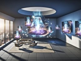 Futuristischer XR-Raum mit digitalen 3D-Werbungen als transparente Layer, verschmelzend mit realer und virtueller Umgebung. Personen mit modernen XR-Headsets erleben immersive Anzeigen.