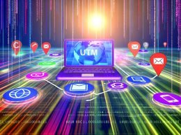 Abstrahierter Laptop mit bunten Datenlinien, digitalen Marketing-Icons und UTM-Parametern vor einer Matrix aus Zahlen und Pixeln, moderner Tech-Look.