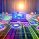 Abstrahierter Laptop mit bunten Datenlinien, digitalen Marketing-Icons und UTM-Parametern vor einer Matrix aus Zahlen und Pixeln, moderner Tech-Look.