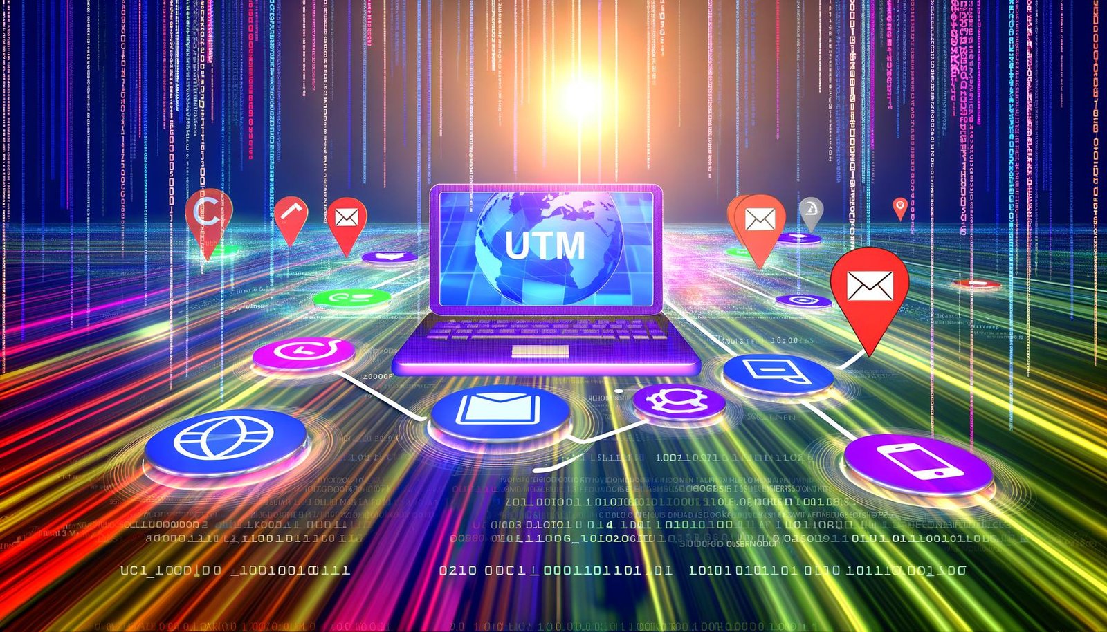 Abstrahierter Laptop mit bunten Datenlinien, digitalen Marketing-Icons und UTM-Parametern vor einer Matrix aus Zahlen und Pixeln, moderner Tech-Look.
