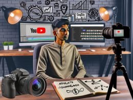 YouTube-Creator sitzt im Home-Office an Monitoren mit Videobearbeitung, Affiliate- & Analytics-Tools, Notizbuch mit Keywords und Kameraequipment im Hintergrund.
