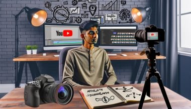 YouTube-Creator sitzt im Home-Office an Monitoren mit Videobearbeitung, Affiliate- & Analytics-Tools, Notizbuch mit Keywords und Kameraequipment im Hintergrund.