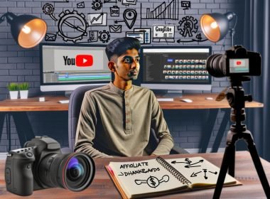 YouTube-Creator sitzt im Home-Office an Monitoren mit Videobearbeitung, Affiliate- & Analytics-Tools, Notizbuch mit Keywords und Kameraequipment im Hintergrund.