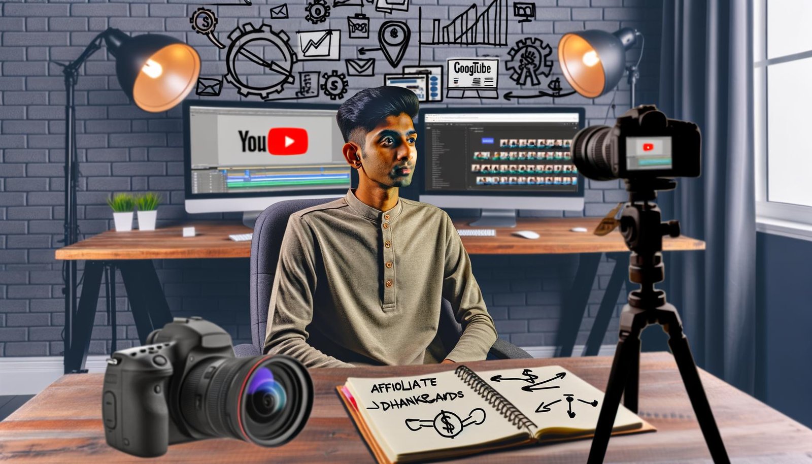YouTube-Creator sitzt im Home-Office an Monitoren mit Videobearbeitung, Affiliate- & Analytics-Tools, Notizbuch mit Keywords und Kameraequipment im Hintergrund.