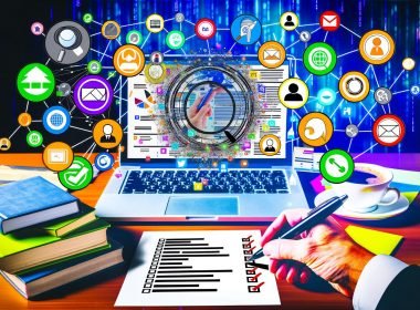 Dynamischer Schreibtisch mit Laptop, komplexer SEO-Grafik, Checkliste und schwebenden Icons von Tools wie Ahrefs, SEMrush, BuzzSumo im Kontext einer Blogger Outreach-Kampagne.