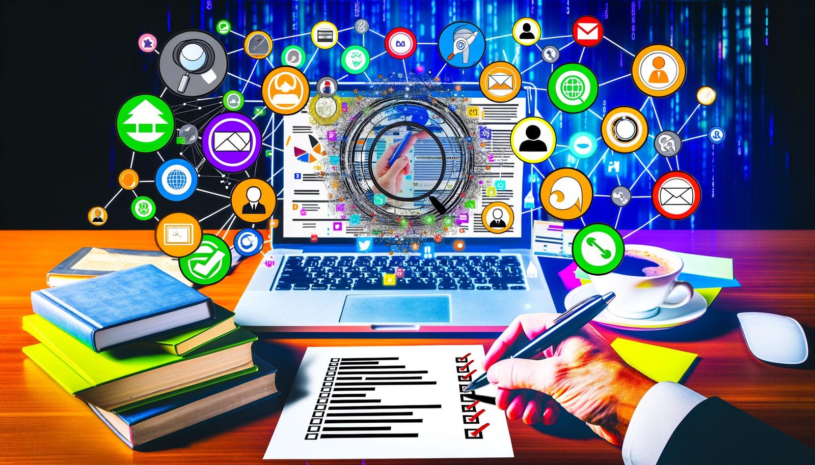 Dynamischer Schreibtisch mit Laptop, komplexer SEO-Grafik, Checkliste und schwebenden Icons von Tools wie Ahrefs, SEMrush, BuzzSumo im Kontext einer Blogger Outreach-Kampagne.