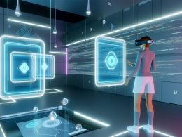 VR-Nutzer mit Headset in futuristischer Umgebung, umgeben von leuchtenden 3D-Werbeanzeigen und technischen Codestrukturen.