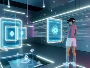 VR-Nutzer mit Headset in futuristischer Umgebung, umgeben von leuchtenden 3D-Werbeanzeigen und technischen Codestrukturen.