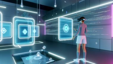 VR-Nutzer mit Headset in futuristischer Umgebung, umgeben von leuchtenden 3D-Werbeanzeigen und technischen Codestrukturen.