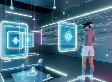 VR-Nutzer mit Headset in futuristischer Umgebung, umgeben von leuchtenden 3D-Werbeanzeigen und technischen Codestrukturen.
