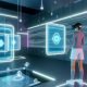 VR-Nutzer mit Headset in futuristischer Umgebung, umgeben von leuchtenden 3D-Werbeanzeigen und technischen Codestrukturen.