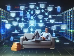 Maschinenraum mit Monitoren, Servern und Flussdiagrammen zu SEO, Affiliate und Analytics, im Vordergrund entspannte Person auf einer Couch