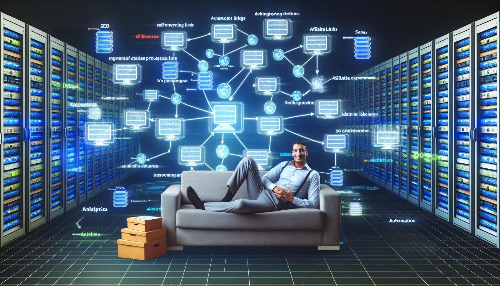 Maschinenraum mit Monitoren, Servern und Flussdiagrammen zu SEO, Affiliate und Analytics, im Vordergrund entspannte Person auf einer Couch