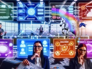 Büromarketingteam umgeben von digitalen Dashboards, Framework-Diagramm mit Datenerfassung und integrierten Schichten, im Hintergrund Einhorn zerreißt Papier-Personas und Excel-Tabellen.