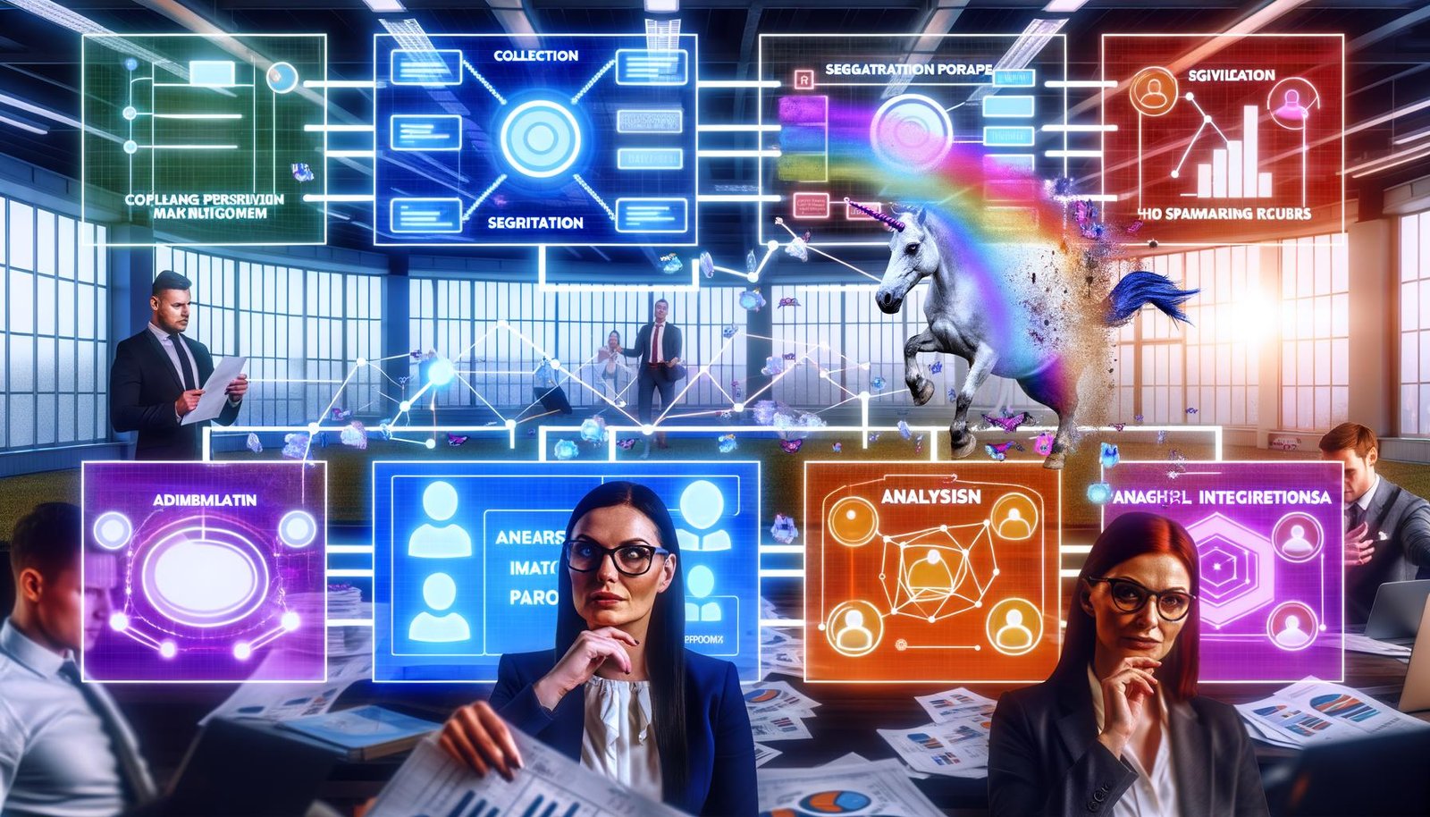 Büromarketingteam umgeben von digitalen Dashboards, Framework-Diagramm mit Datenerfassung und integrierten Schichten, im Hintergrund Einhorn zerreißt Papier-Personas und Excel-Tabellen.