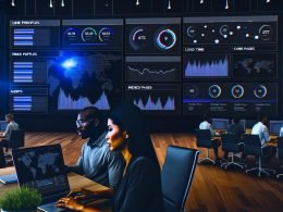 Hochmodernes, dunkles SEO-Dashboard mit granularen Analyse-Visualisierungen, mehreren Tech-Profis im Vordergrund und großen Bildschirmen in einer fortschrittlichen Agenturumgebung.