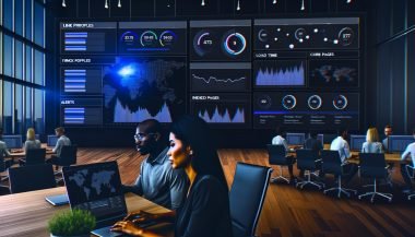 Hochmodernes, dunkles SEO-Dashboard mit granularen Analyse-Visualisierungen, mehreren Tech-Profis im Vordergrund und großen Bildschirmen in einer fortschrittlichen Agenturumgebung.