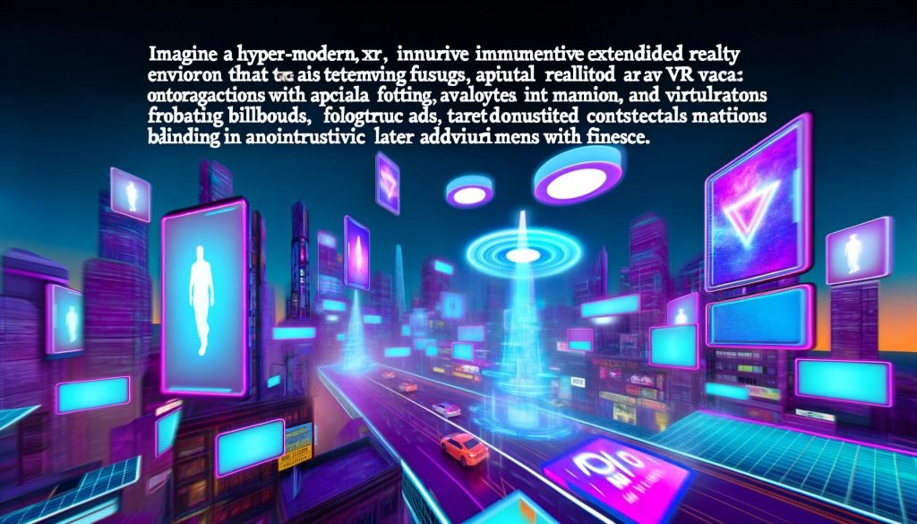 Digitale Avatare interagieren in einer neonfarbenen XR-Stadt mit Hologramm-Werbetafeln, virtuellen Produktplatzierungen und AR-UI-Overlays in einem beeindruckend realistischen Umfeld.