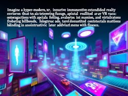 Digitale Avatare interagieren in einer neonfarbenen XR-Stadt mit Hologramm-Werbetafeln, virtuellen Produktplatzierungen und AR-UI-Overlays in einem beeindruckend realistischen Umfeld.