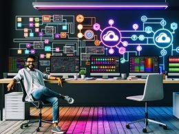 Content-Automation-Arbeitsplatz mit mehreren Monitoren voller KI- und Workflow-Diagramme, Redakteur vor dynamisch fließenden Datenströmen zu Social Media, Webseiten und Analyse-Dashboards