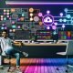 Content-Automation-Arbeitsplatz mit mehreren Monitoren voller KI- und Workflow-Diagramme, Redakteur vor dynamisch fließenden Datenströmen zu Social Media, Webseiten und Analyse-Dashboards