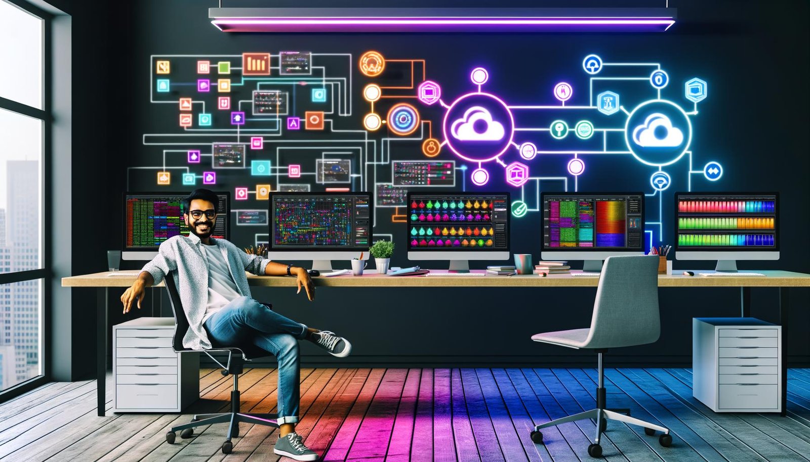 Content-Automation-Arbeitsplatz mit mehreren Monitoren voller KI- und Workflow-Diagramme, Redakteur vor dynamisch fließenden Datenströmen zu Social Media, Webseiten und Analyse-Dashboards