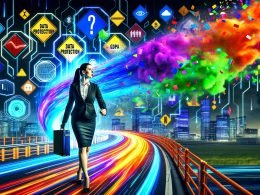Managerin steuert digitalen Tankwagen durch neonbeleuchtete Stadt, umgeben von bunten Datenströmen, explodierenden Tabellen, Datenschutzwarnungen und Regulierungszeichen.