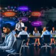 Fokussierter SEO-Spezialist vor Monitoren mit Analytics- und SEO-Tools, umgeben von Notizen und Diagrammen, im modernen Büro mit Team und digitalen Keywords wie Technical SEO, Content, Backlinks und Strategy.