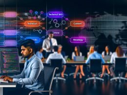 Fokussierter SEO-Spezialist vor Monitoren mit Analytics- und SEO-Tools, umgeben von Notizen und Diagrammen, im modernen Büro mit Team und digitalen Keywords wie Technical SEO, Content, Backlinks und Strategy.