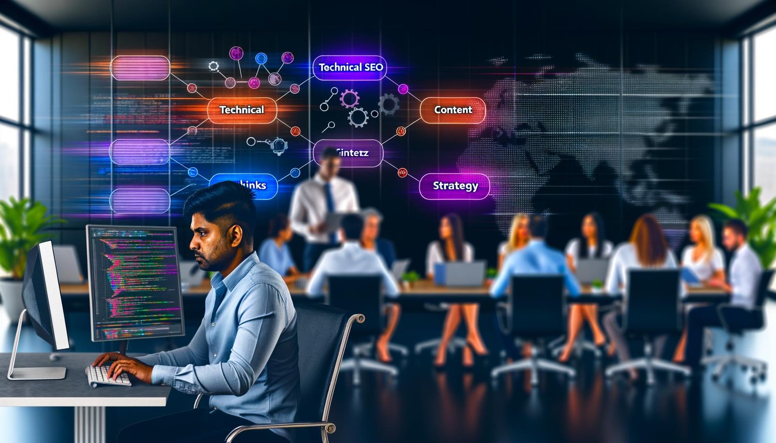Fokussierter SEO-Spezialist vor Monitoren mit Analytics- und SEO-Tools, umgeben von Notizen und Diagrammen, im modernen Büro mit Team und digitalen Keywords wie Technical SEO, Content, Backlinks und Strategy.