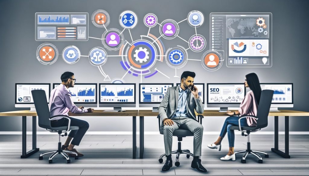 Moderner Arbeitsplatz mit Analytics-Dashboards, CRM-Tools und Outreach-E-Mails, ein Marketer im Videocall mit einem Blogger, umgeben von digitalen SEO-, Netzwerk- und Automatisierungssymbolen.