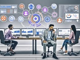 Moderner Arbeitsplatz mit Analytics-Dashboards, CRM-Tools und Outreach-E-Mails, ein Marketer im Videocall mit einem Blogger, umgeben von digitalen SEO-, Netzwerk- und Automatisierungssymbolen.