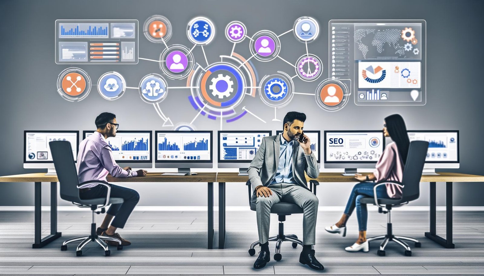 Moderner Arbeitsplatz mit Analytics-Dashboards, CRM-Tools und Outreach-E-Mails, ein Marketer im Videocall mit einem Blogger, umgeben von digitalen SEO-, Netzwerk- und Automatisierungssymbolen.