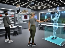Menschen nutzen AR und Mixed Reality, um mit interaktiven, holografischen Werbeanzeigen in einem futuristischen Büro zu interagieren.