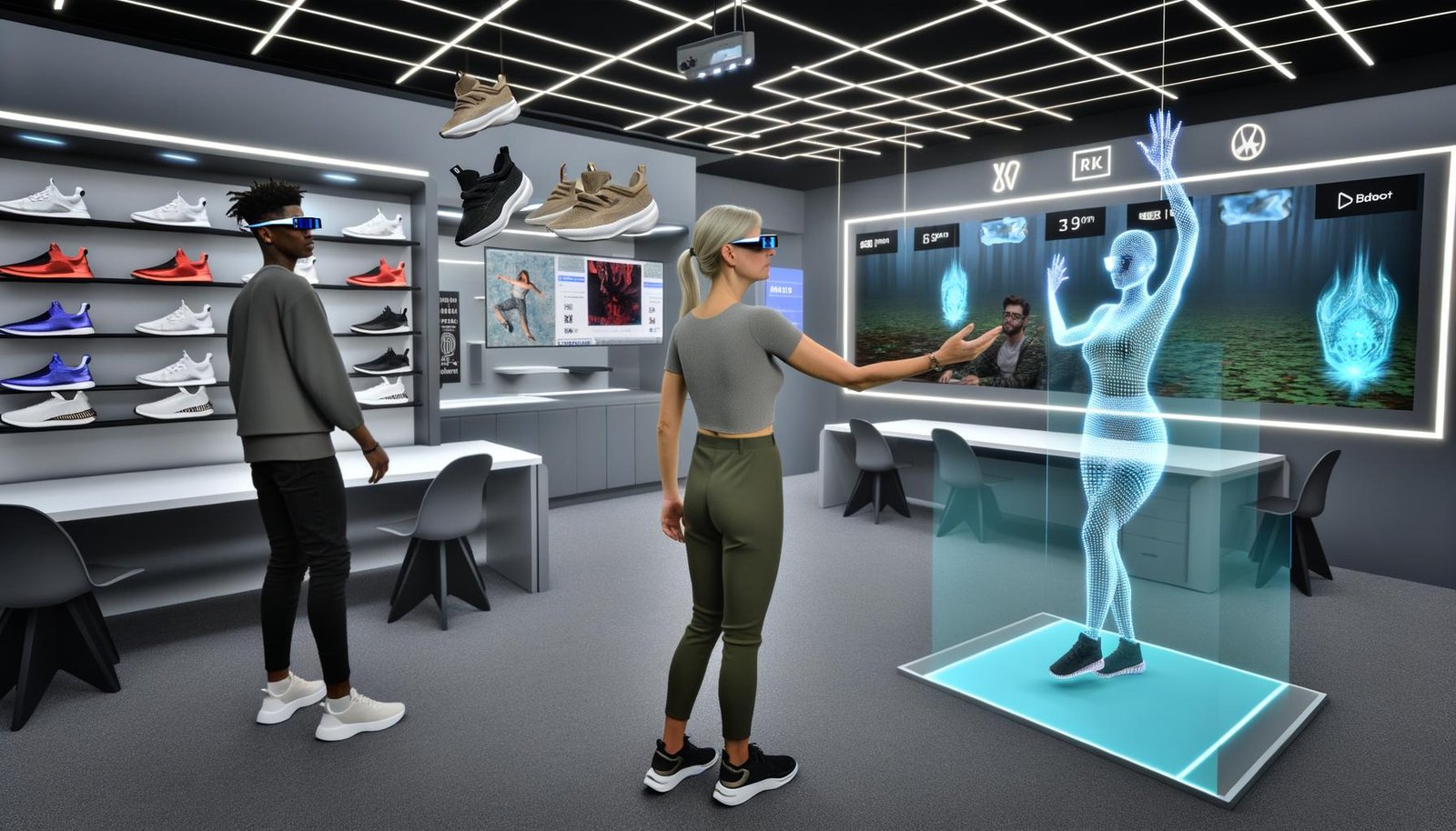 Menschen nutzen AR und Mixed Reality, um mit interaktiven, holografischen Werbeanzeigen in einem futuristischen Büro zu interagieren.