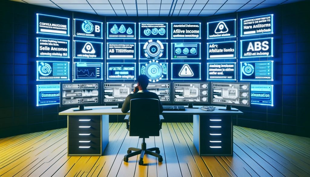 Hightech-Büroumgebung mit Content-Monetarisierungs-Dashboard, digitalen Diagrammen, Payment-Logos, laufenden A/B-Tests und Warnhinweisen, im Vordergrund eine nachdenkliche Person vor mehreren Bildschirmen.