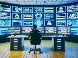 Hightech-Büroumgebung mit Content-Monetarisierungs-Dashboard, digitalen Diagrammen, Payment-Logos, laufenden A/B-Tests und Warnhinweisen, im Vordergrund eine nachdenkliche Person vor mehreren Bildschirmen.
